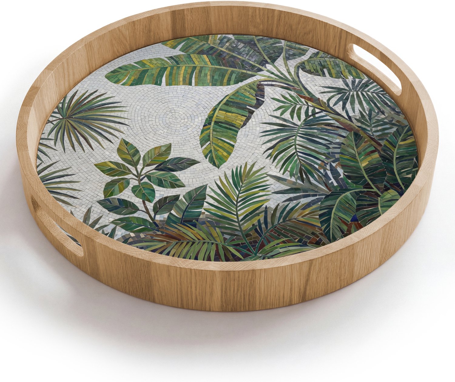 Dienblad rond 40x40 cm - Schootdienblad hout - Planten - Tropisch - Mozaïek - Groen - Natuur - Borrelplank rechthoek - Plateau houten dienbladen