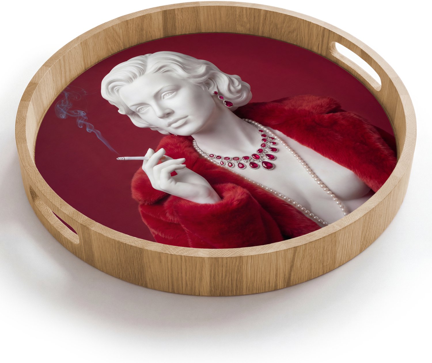 Dienblad rond 40x40 cm - Schootdienblad hout - Vrouw - Bontjas - Mode - Klassiek - Rood - Borrelplank rechthoek - Plateau houten dienbladen