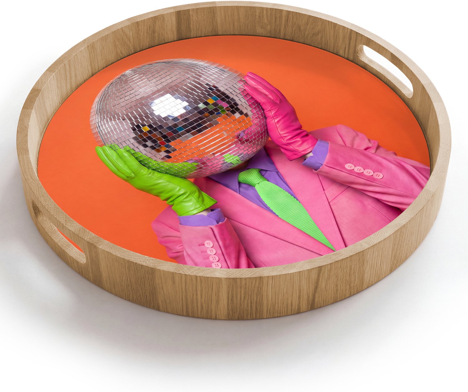 Dienblad rond 40x40 cm - Schootdienblad hout - Kunst - Disco bal - Kleurrijk - Modern - Studio - Borrelplank rechthoek - Plateau houten dienbladen