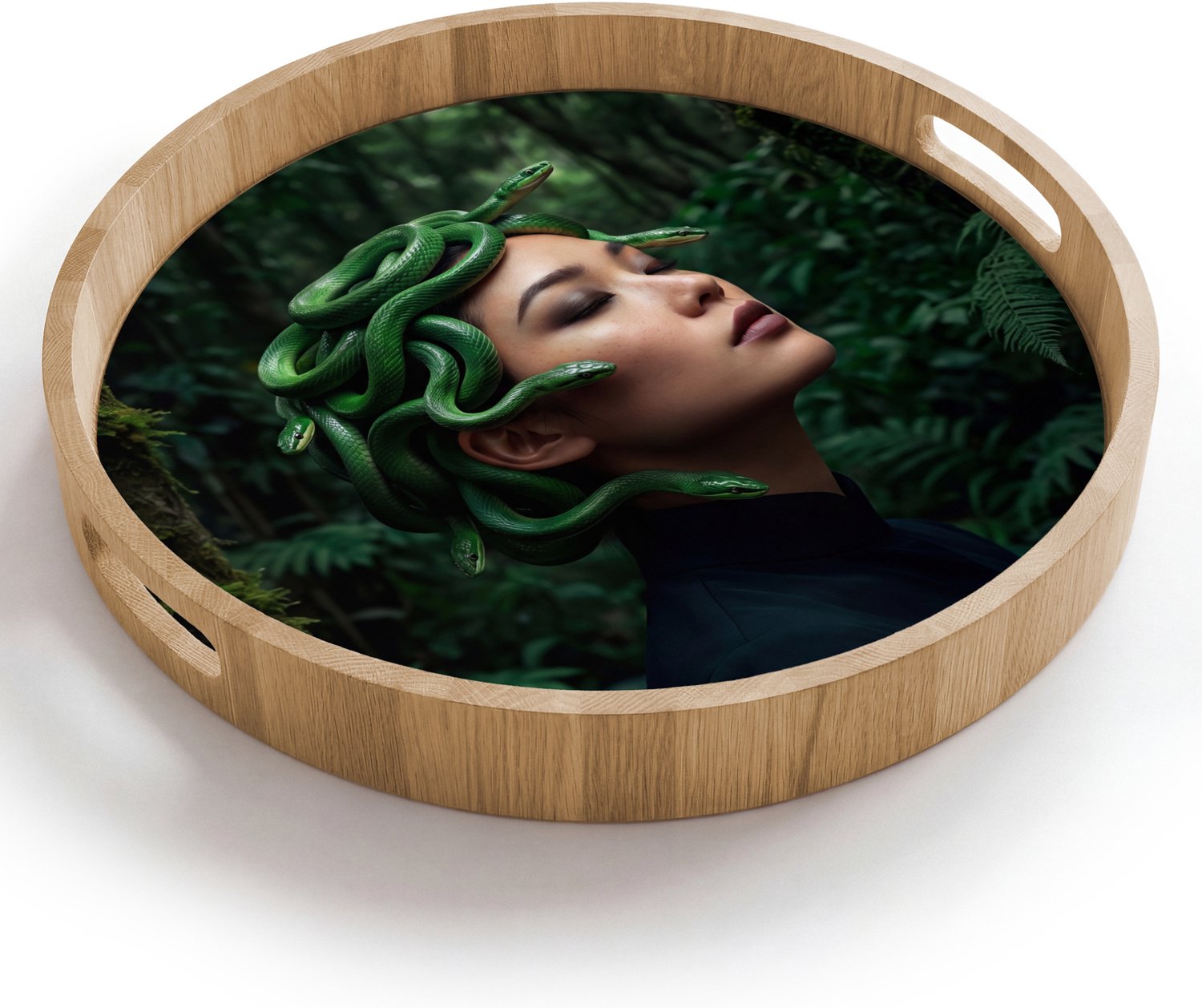 Dienblad rond 40x40 cm - Schootdienblad hout - Vrouw - Slang - Natuur - Mystiek - Groen - Borrelplank rechthoek - Plateau houten dienbladen