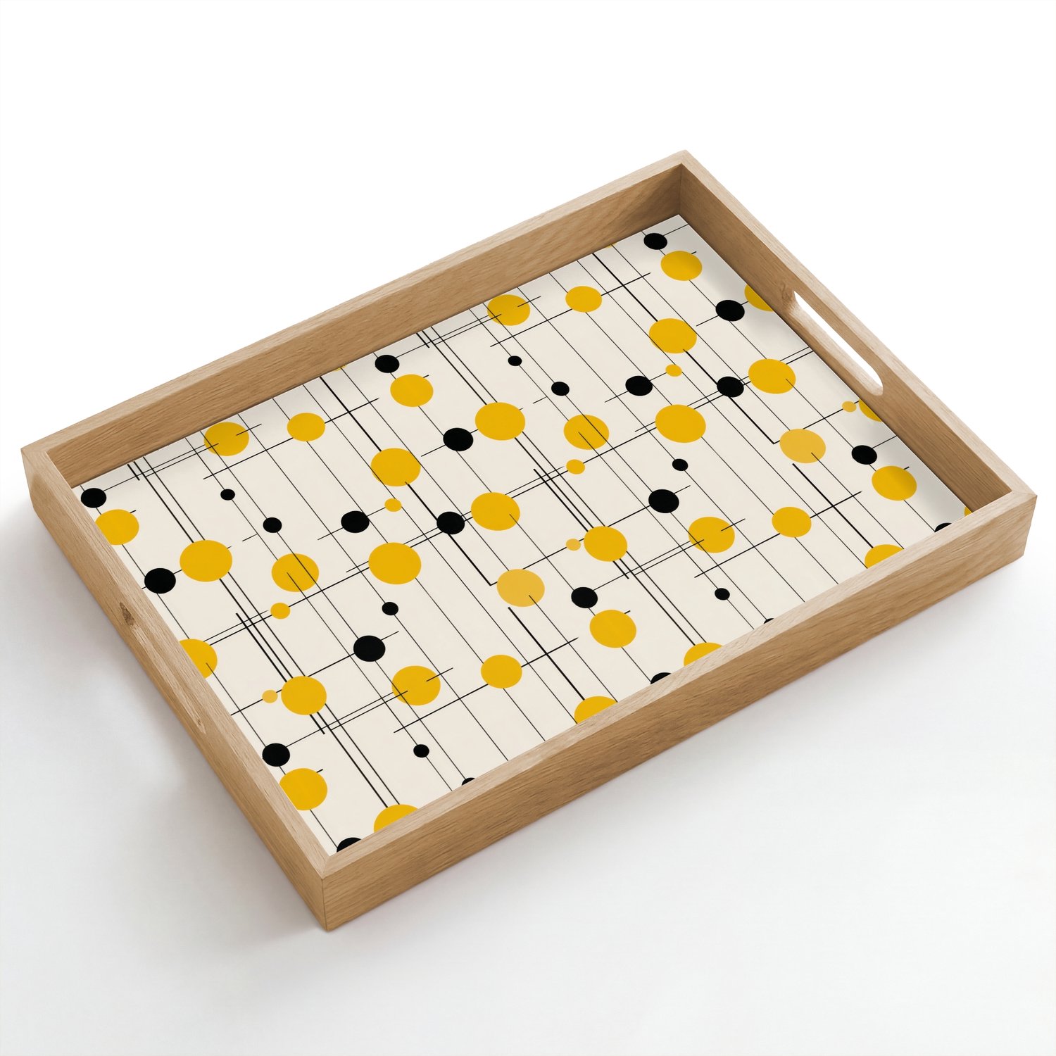 Dienblad hout 50x35 cm - Schootdienblad - Geometrisch - Retro - Lijnen - Okergeel - Zwart - Borrelplank rechthoek - Plateau dienbladen