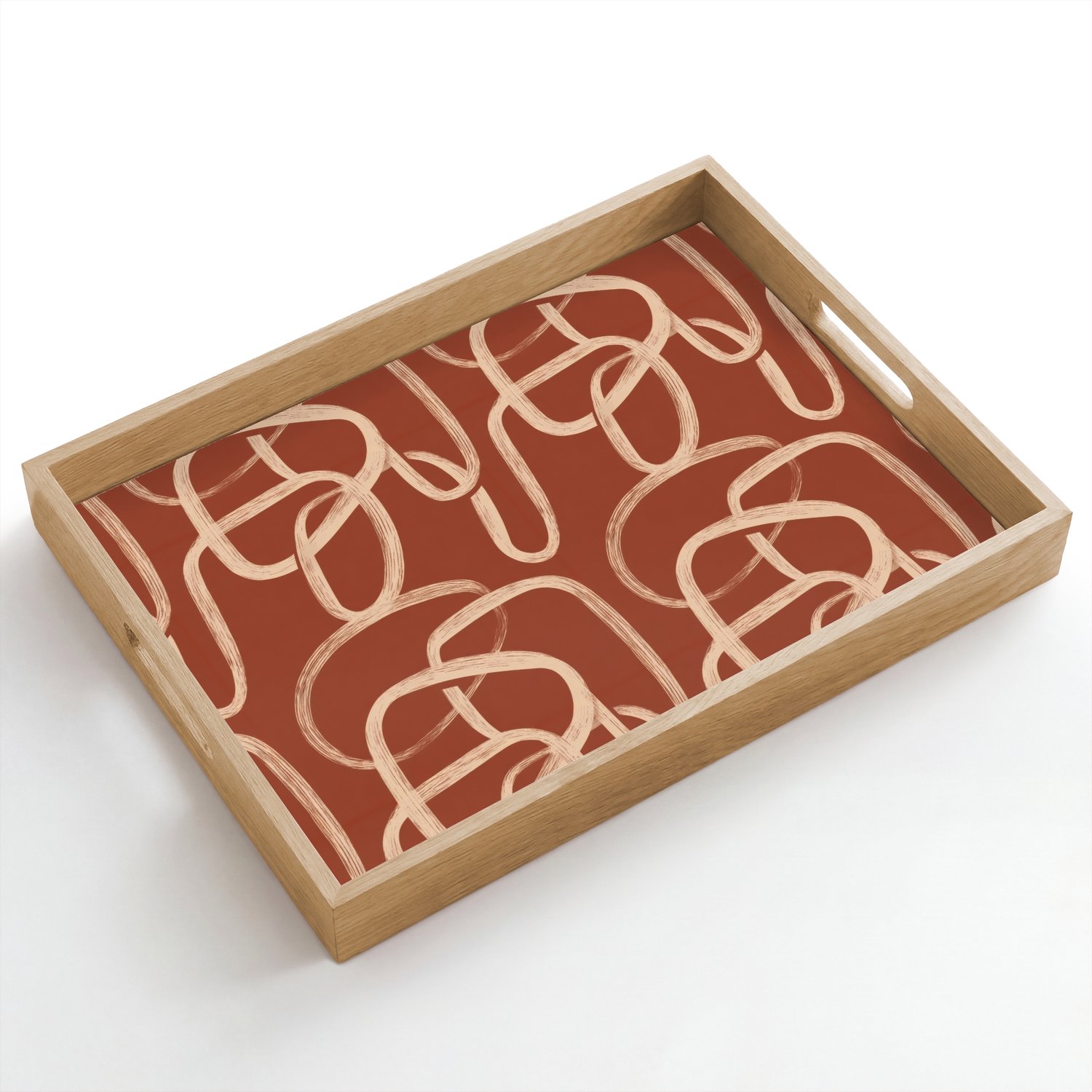 Dienblad hout 50x35 cm - Schootdienblad - Lijnen - Abstract - Organisch - Terracotta - Crème - Borrelplank rechthoek - Plateau dienbladen
