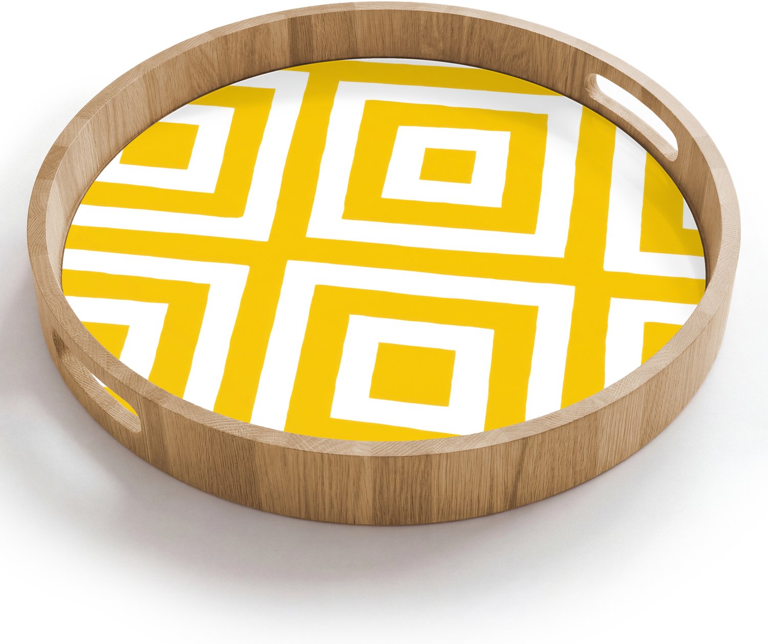 Dienblad rond 40x40 cm - Schootdienblad hout - Geometrisch - Lijnen - Modern - Geel - Wit - Borrelplank rechthoek - Plateau houten dienbladen
