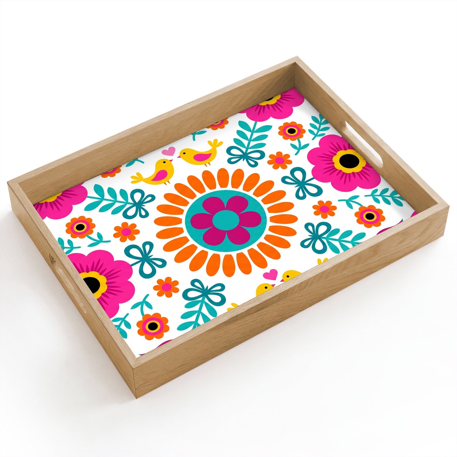 Dienblad hout 40x30 cm - Schootdienblad - Bloemen - Vogel - Patroon - Kleurrijk - Modern - Borrelplank rechthoek - Plateau dienbladen