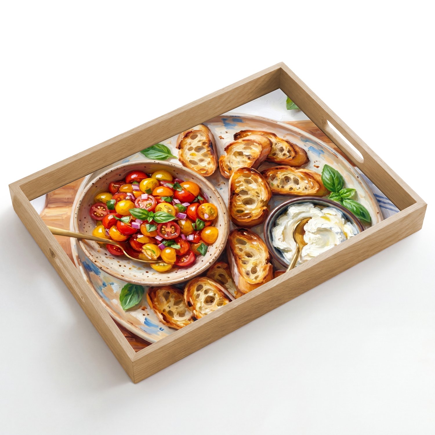 Dienblad hout 50x35 cm - Schootdienblad - Eten - Tomaat - Brood - Kleurrijk - Keuken - Borrelplank rechthoek - Plateau dienbladen