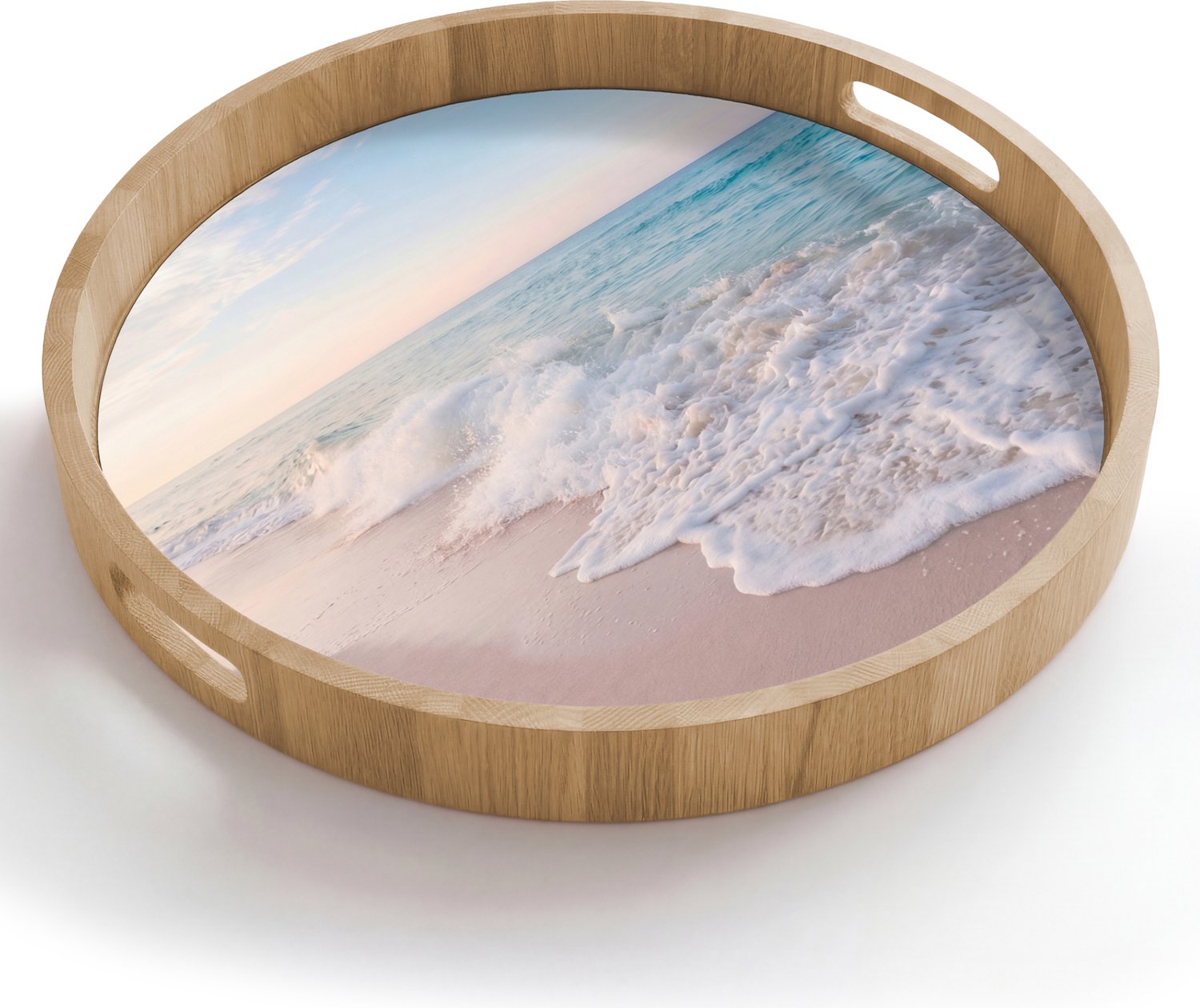 Dienblad rond 50x50 cm - Schootdienblad hout - Zee - Golven - Strand - Natuur - Wit - Borrelplank rechthoek - Plateau houten dienbladen