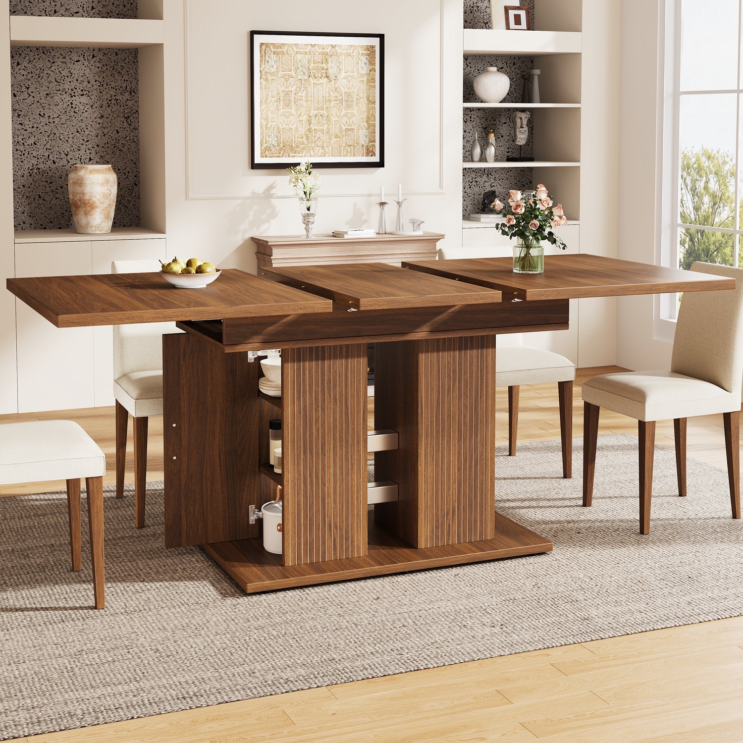 STILVORA Eettafel - Uitschuifbaar met Opbergruimte - Voor 4 tot 6 Personen - MDF en Metaal - 120 of 160 x 80 x 75 cm - Donkerbruin