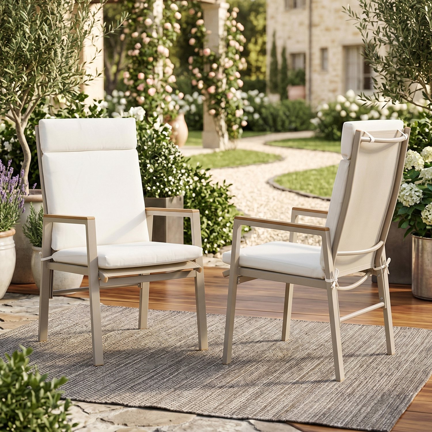 Clruro Eetkamerstoelen - Set van 2 - voor Buiten met Armleuningen - Textilene/IJzer - Khaki/Beige