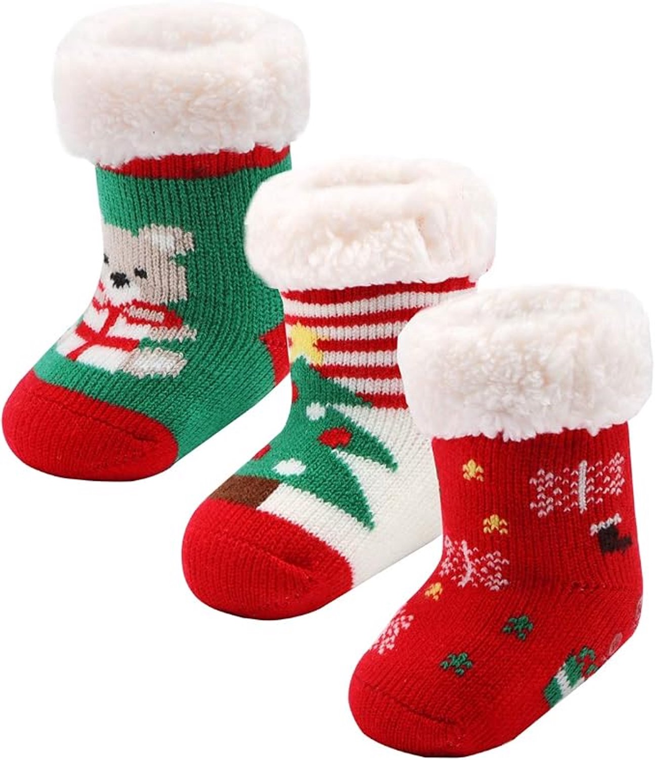 3 paar antislip wintersokken voor peuters - katoenen kerstsokken voor meisjes (6-12 maanden)
