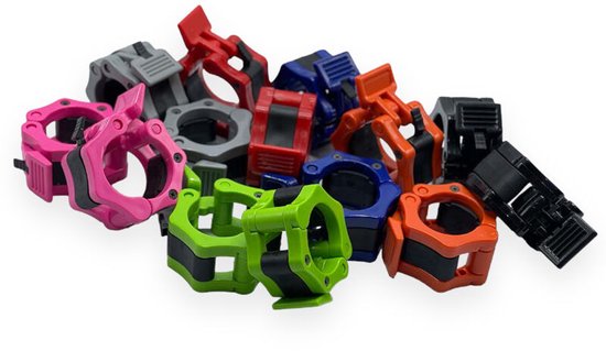 Een hoop kleurrijke halterklemmen in diverse kleuren zoals roze, groen, rood, oranje, blauw en zwart.