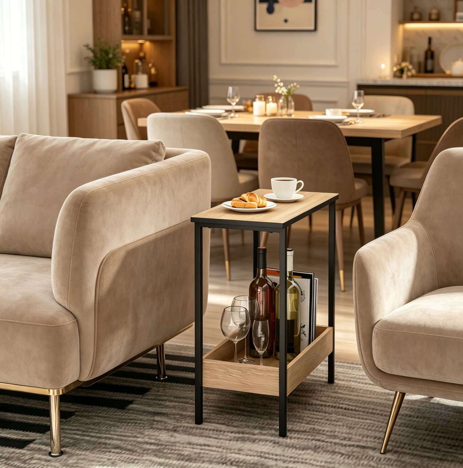 CHICFURN Bijzettafel - 2-laags - Opbergruimte - Metalen frame - Zwart licht eiken