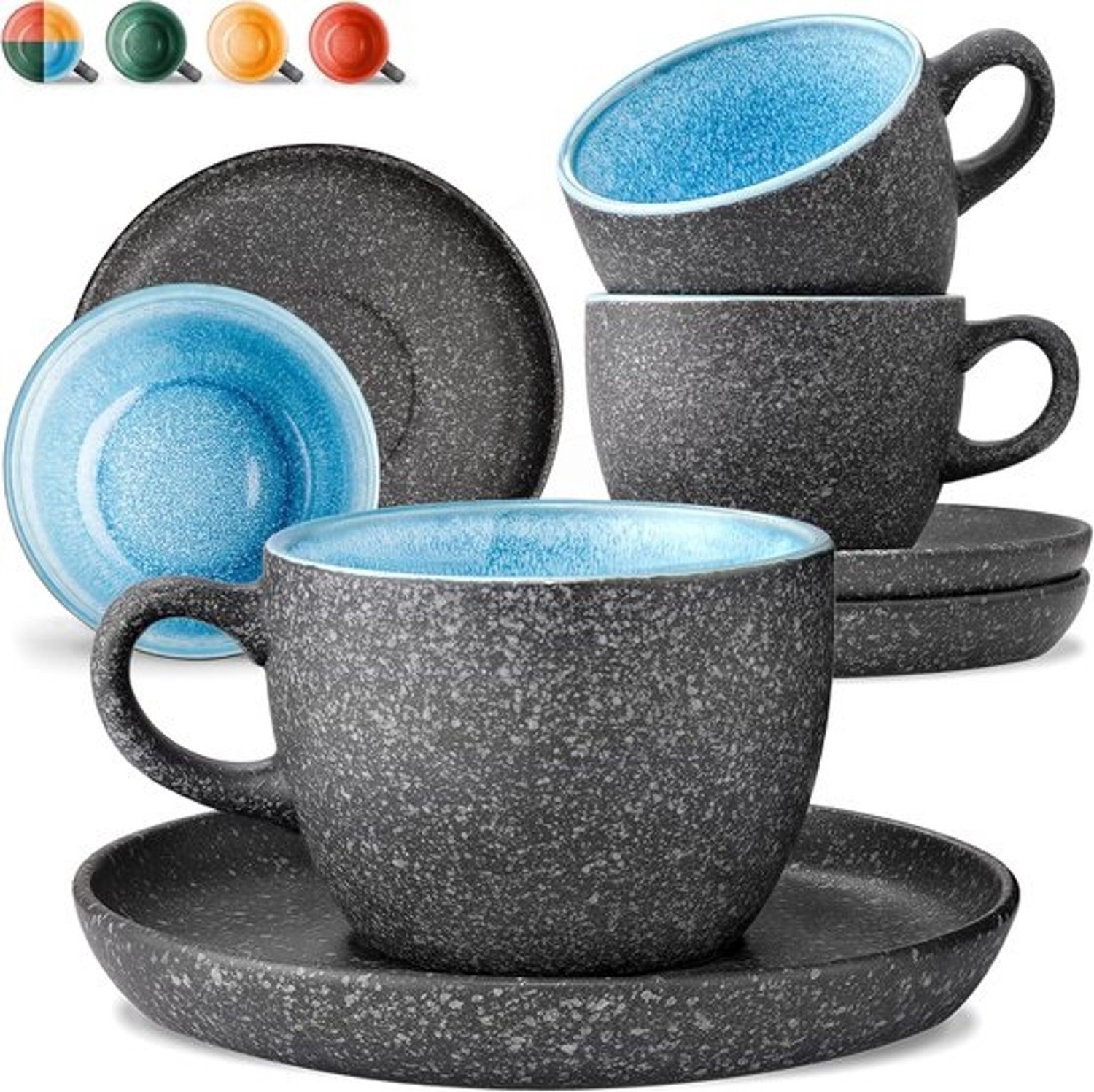 Cappuccinokopjes met onderzetters - Koffiekopjesset - Koffie serveren - Handgemaakt reactief glazuur - Set van 4, 200 ml - Blauw
