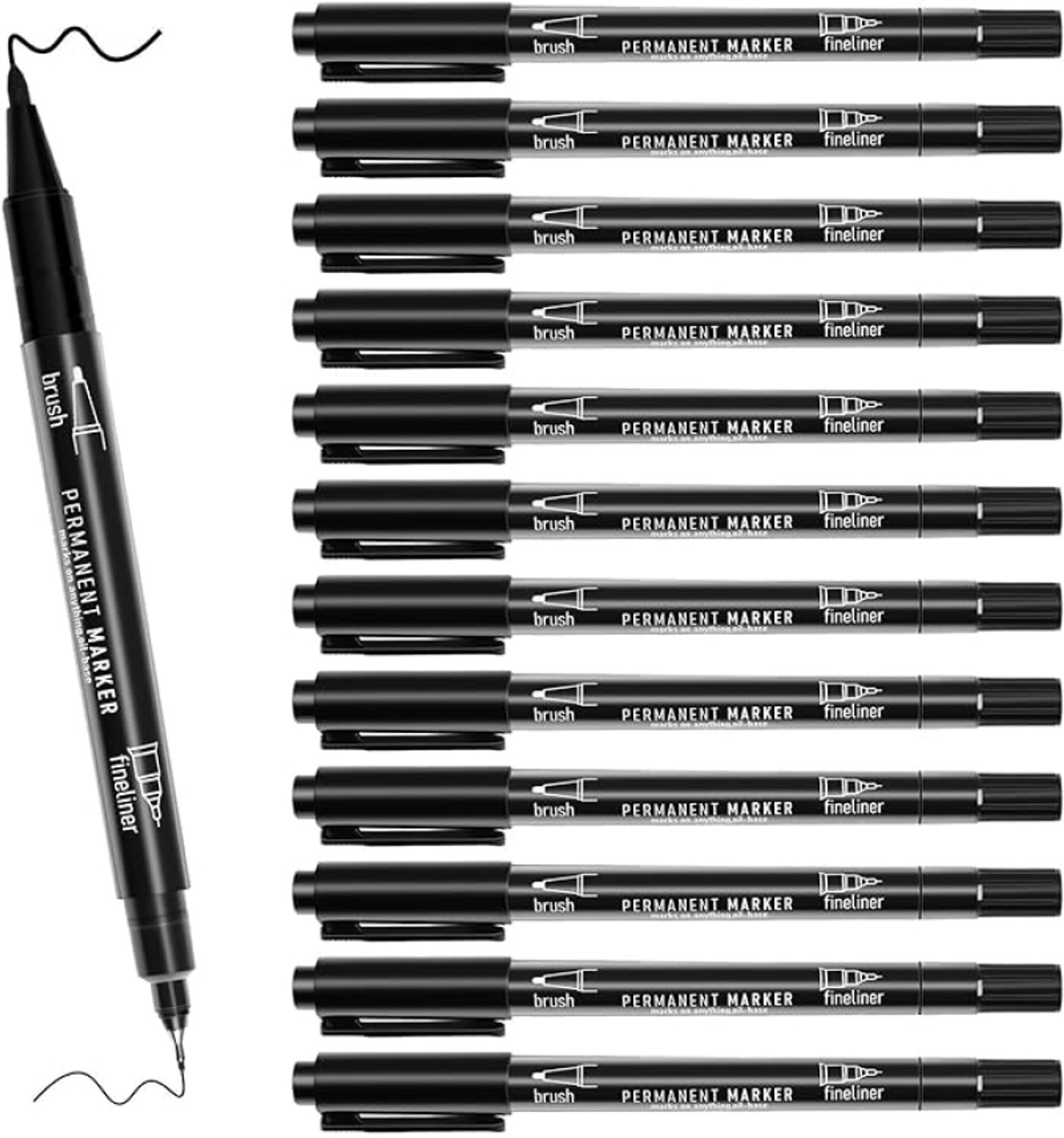 12 stuks permanente markers dubbelzijdig zwart - fijne punt 0,5-1 mm en brushpunt - waterdicht, sneldrogend, voor glas, steen, hout, keramiek en metaal