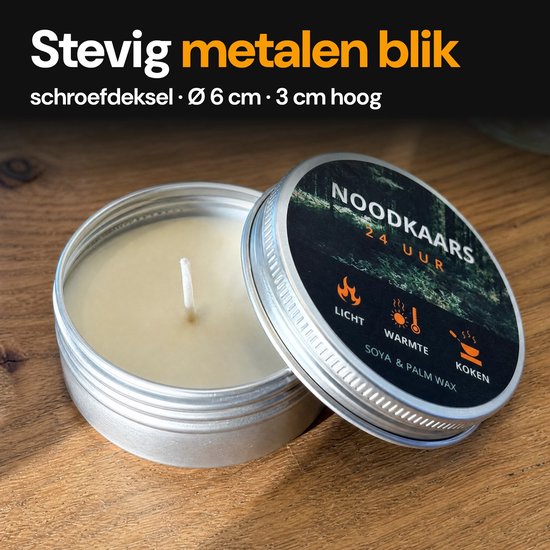 Eén metalen blikje met een geurloze kaars en open schroefdeksel, label toont pictogrammen voor licht, warmte en koken.