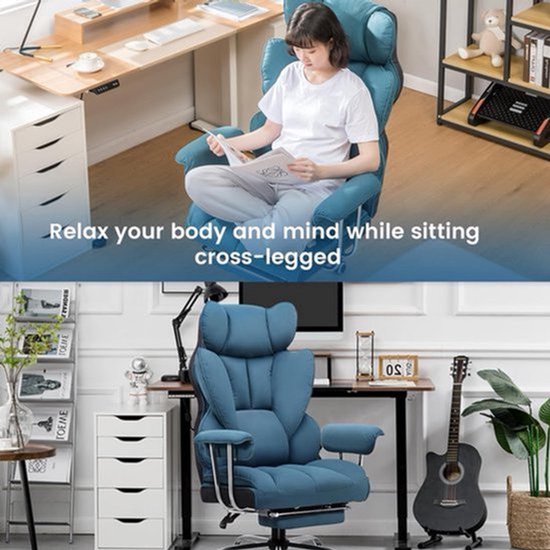 Gaming Stoel - Ergonomische Bureaustoel - Stoel - Bureaustoelen - met Voetsteun - Verstelbare Rugleuning - Vering en Dikke Zitting - Tot 150 kg - Stoffen Bekleding - Blauw — afbeelding 3