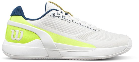 Witte Wilson tennisschoen met gele 'W' logo, blauwe kraag en gele accenten.