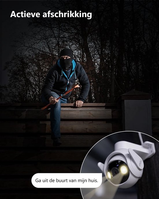 Actieve afschrikking: een inbreker bij een huis wordt gewaarschuwd door een oplichtende beveiligingscamera.