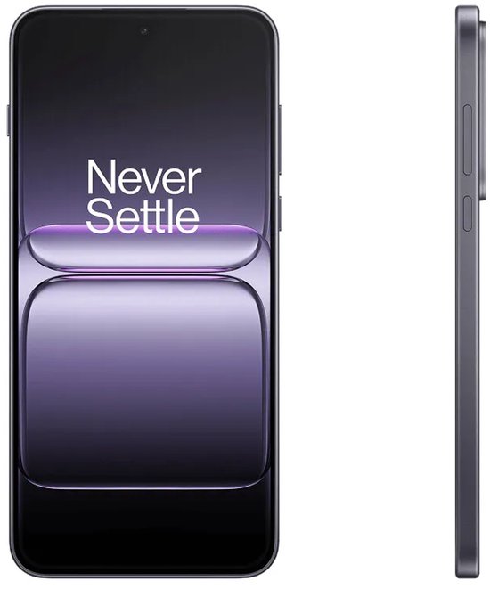 Vooraanzicht van een OnePlus-smartphone met 'Never Settle' op het scherm, naast het zijaanzicht.