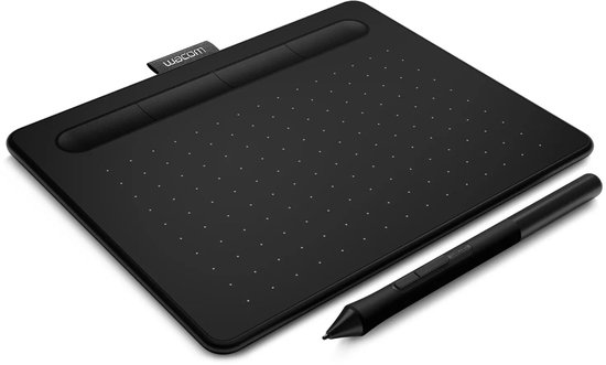 Zwarte Wacom-tekentablet met stippenpatroon en bijbehorende zwarte pen.