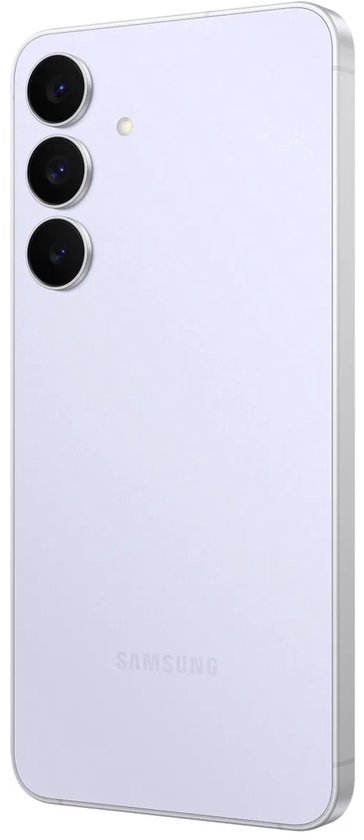 Achterkant van de lichtpaarse Samsung-smartphone met drie verticale cameralenzen.