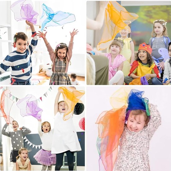 Collage toont spelende en lachende kinderen die veelkleurige, doorschijnende chiffon doeken gebruiken als dans- en verkleedattributen.
