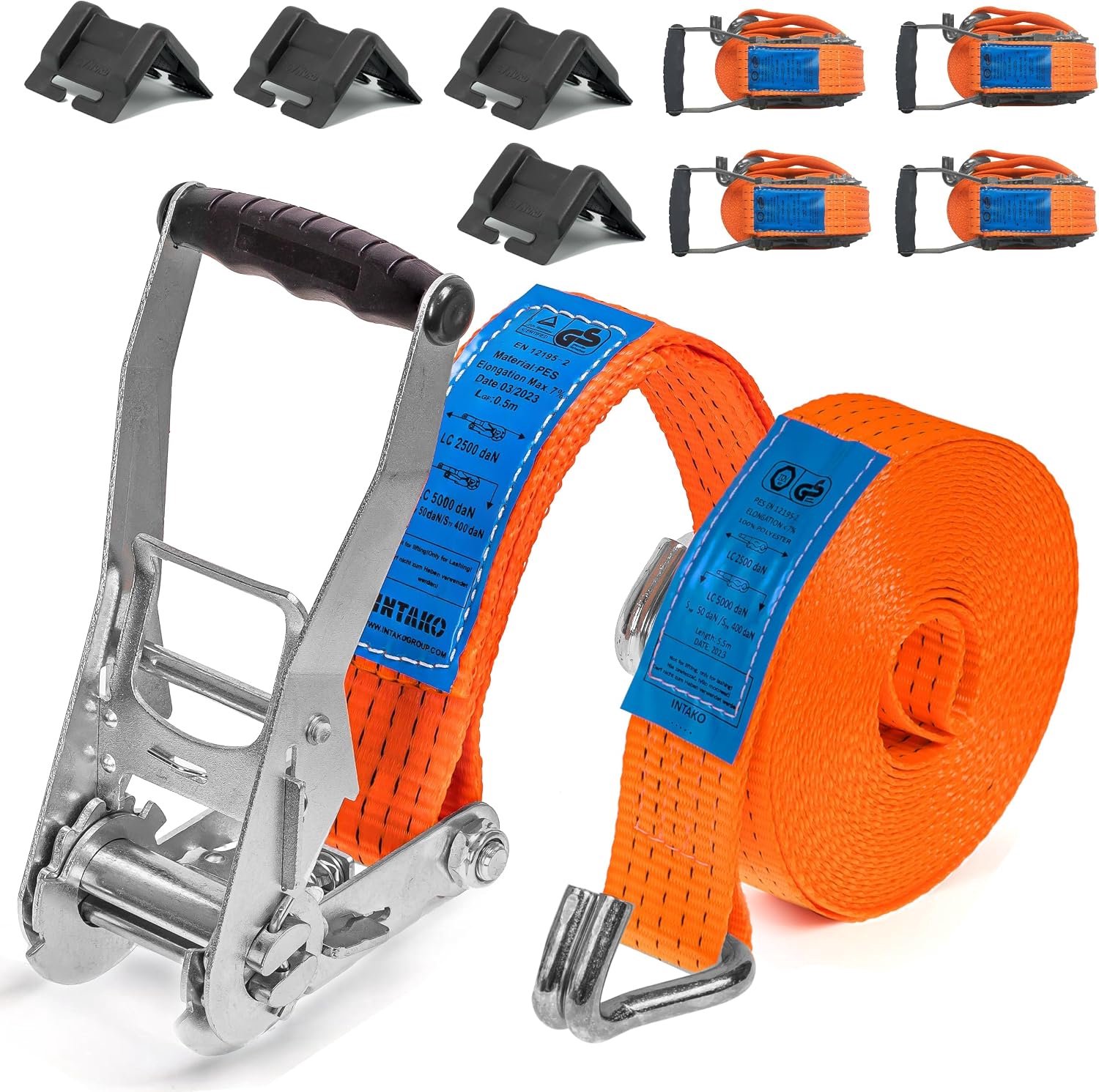 4x Spanbanden 5000kg 50mm met Haak & Randbeschermers - TÜV GS