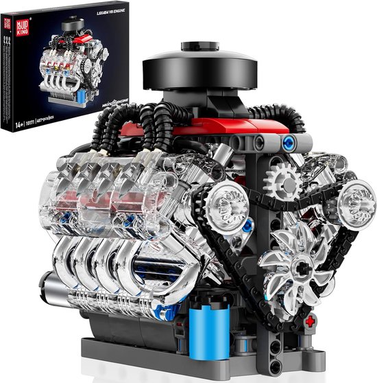 Gedetailleerd Mould King LSX454 V8-motormodel met transparante onderdelen en rode accenten, inclusief doos.