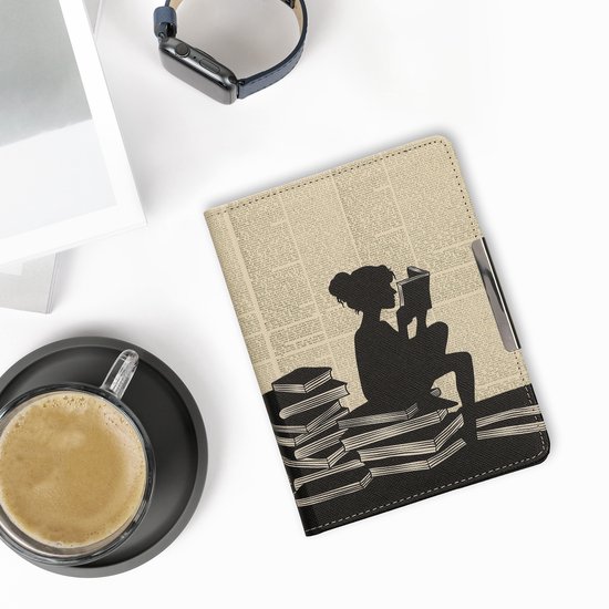 kwmobile e-reader hoesje geschikt voor Kobo Glo HD / Touch 2.0 hoes - E reader flip case met magneetsluiting - Ereader cover - Meisje met boeken design in zwart / beige — afbeelding 4