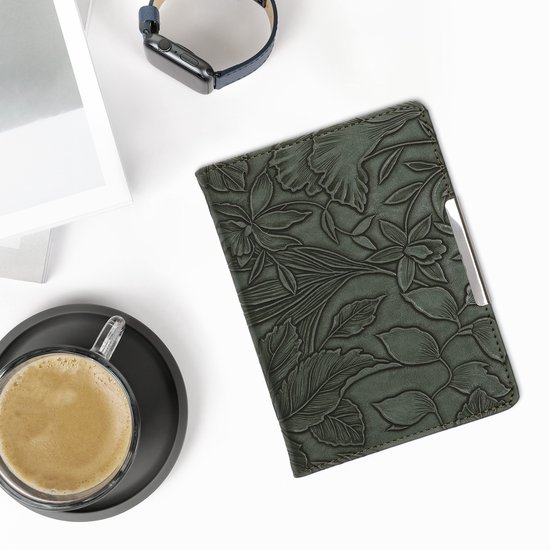 kwmobile e-reader hoesje geschikt voor Kobo Aura Edition 2 hoes - E reader flip case met magneetsluiting - Ereader cover - Bloemen in reliëf design in groen — afbeelding 4