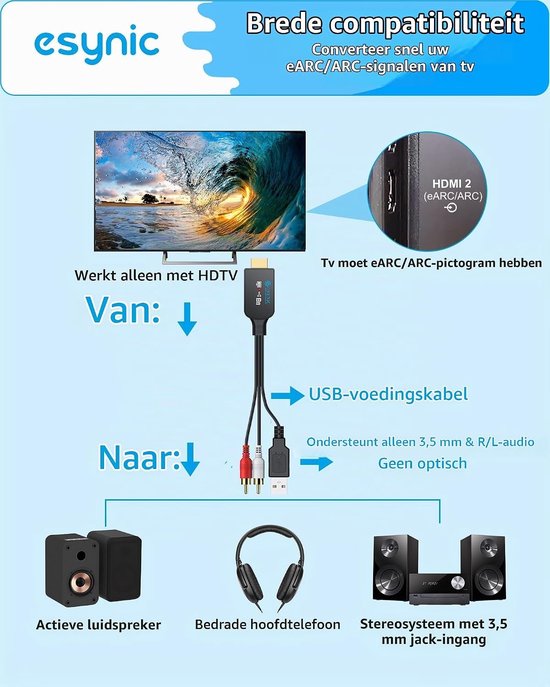 192KHz Audio Converter Kabel van eARC/ARC HDMI naar RCA voor HDTV naar Speakers en Hoofdtelefoons, Ondersteunt CEC Afstandsbediening, 1.5m, L/R Uitgang, PCM 2CH, Geluidskwaliteit Verbeteren — afbeelding 2