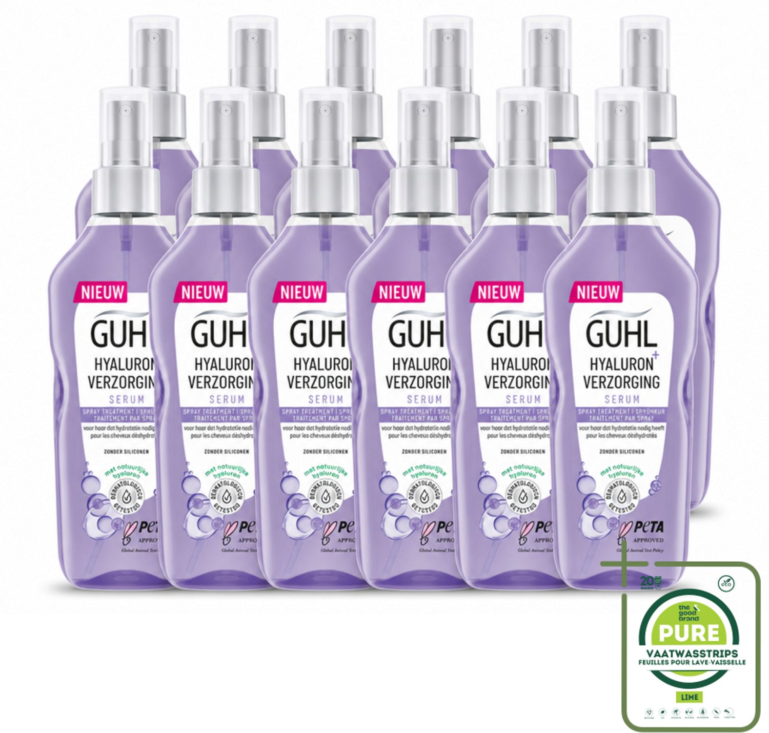 12 x Guhl - Spray - Hyaluron Verzorging - 150 ml - Grootverpakking - Vaatwasstrips - Haarhydratatie - Hyaluronzuur - Hittebescherming - Haarverzorging - Verzorgingsspray