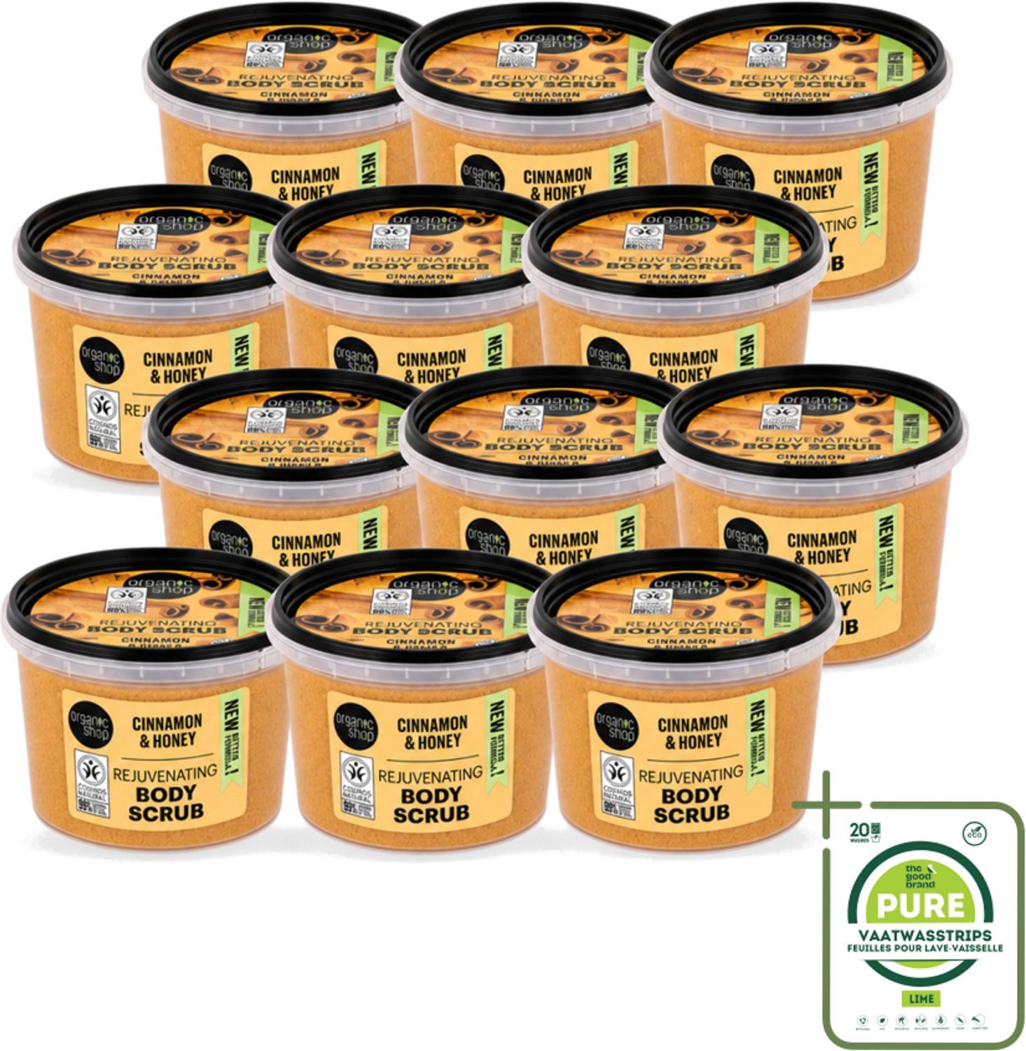 12 x Organic Shop - Rejuvenating Body Scrub Cinnamon - Exfoliërend en Hydraterend - 250 ml - Grootverpakking - Vaatwasstrips - Exfoliatie - Huidvernieuwing - Kaneel - Honing - Natuurlijke Huidverzorging