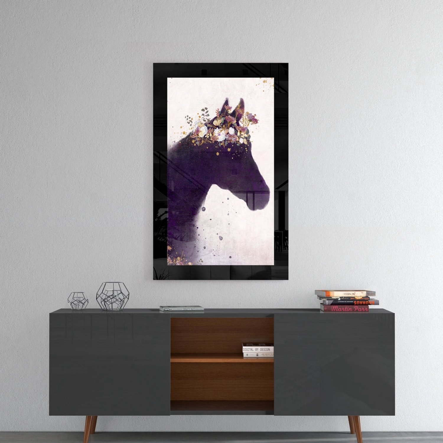 Glasschilderij – Paard met Gouden Bloemenkroon – Decoratieve Kunst aan de Muur