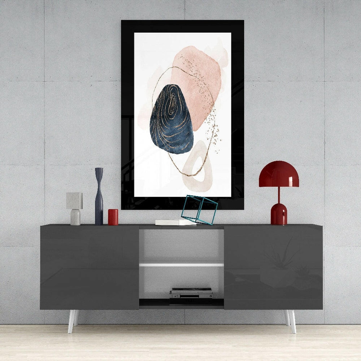 Glasschilderij – Marineblauwe Kiezelstenen en Blush Wolken – Moderne Kunst aan de Muur