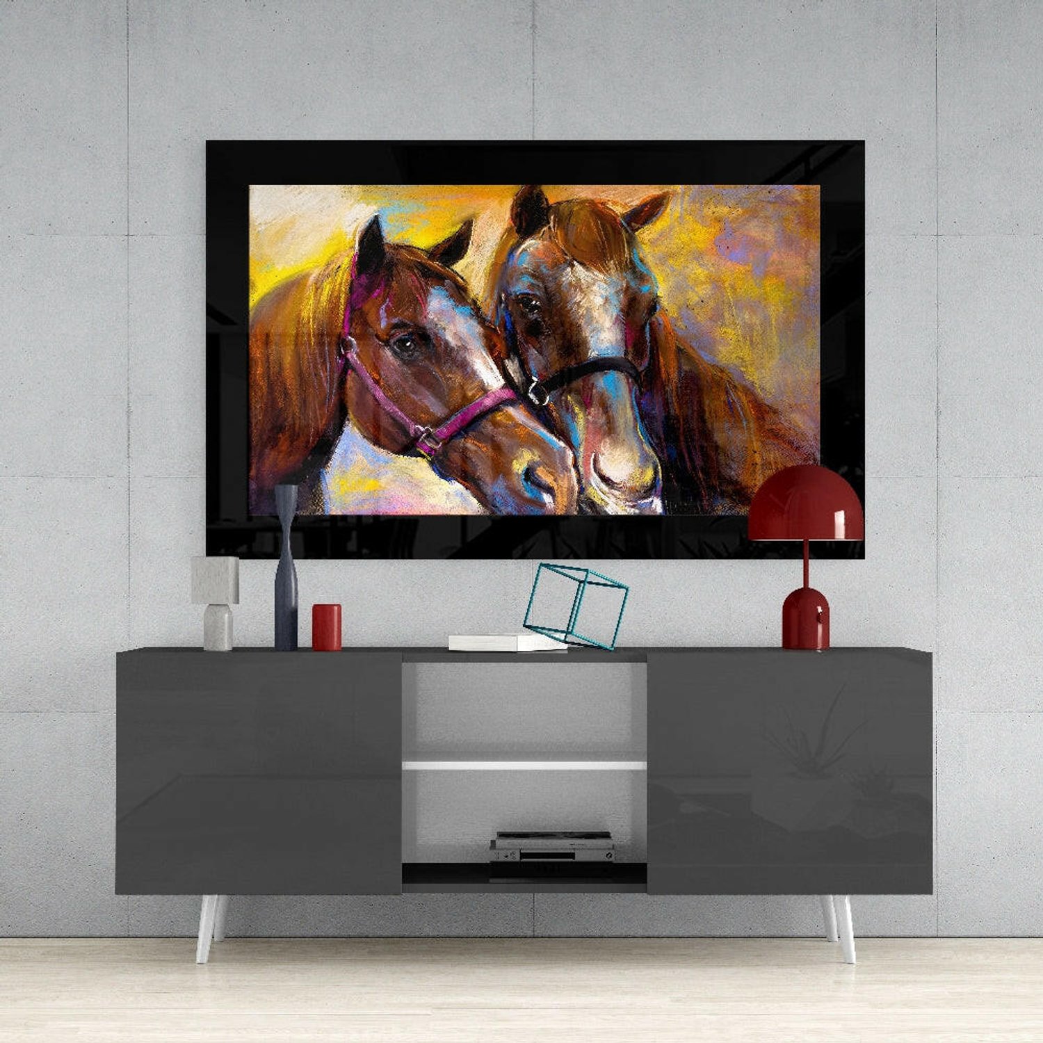 Glasschilderij – Paarden op de Boerderij – Sfeervolle Wanddecoratie