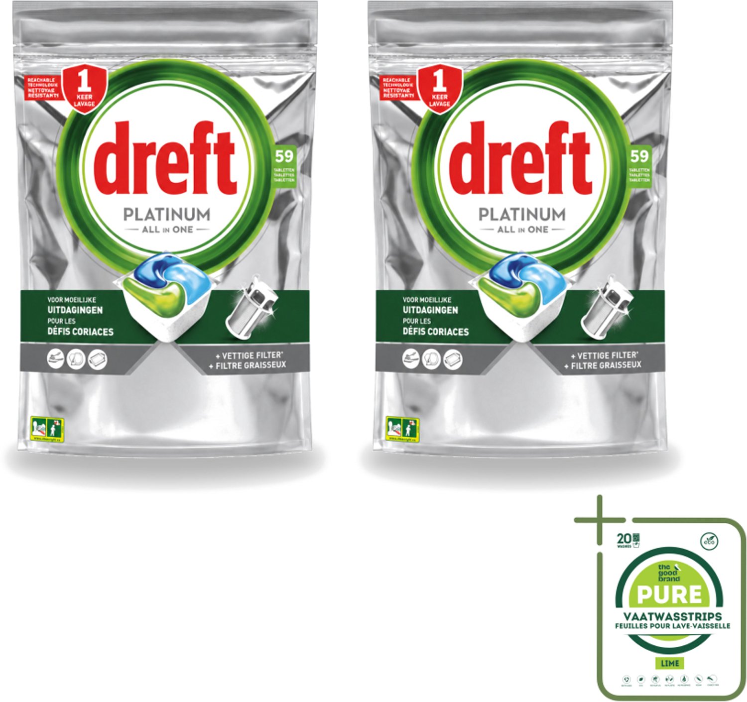 2 x Dreft – Vaatwastabletten – Platinum All-in-One Original – 59 Tabletten - Grootverpakking - Vaatwastabletten - Vaatwasser - Reiniging - Ontvetting - Zout