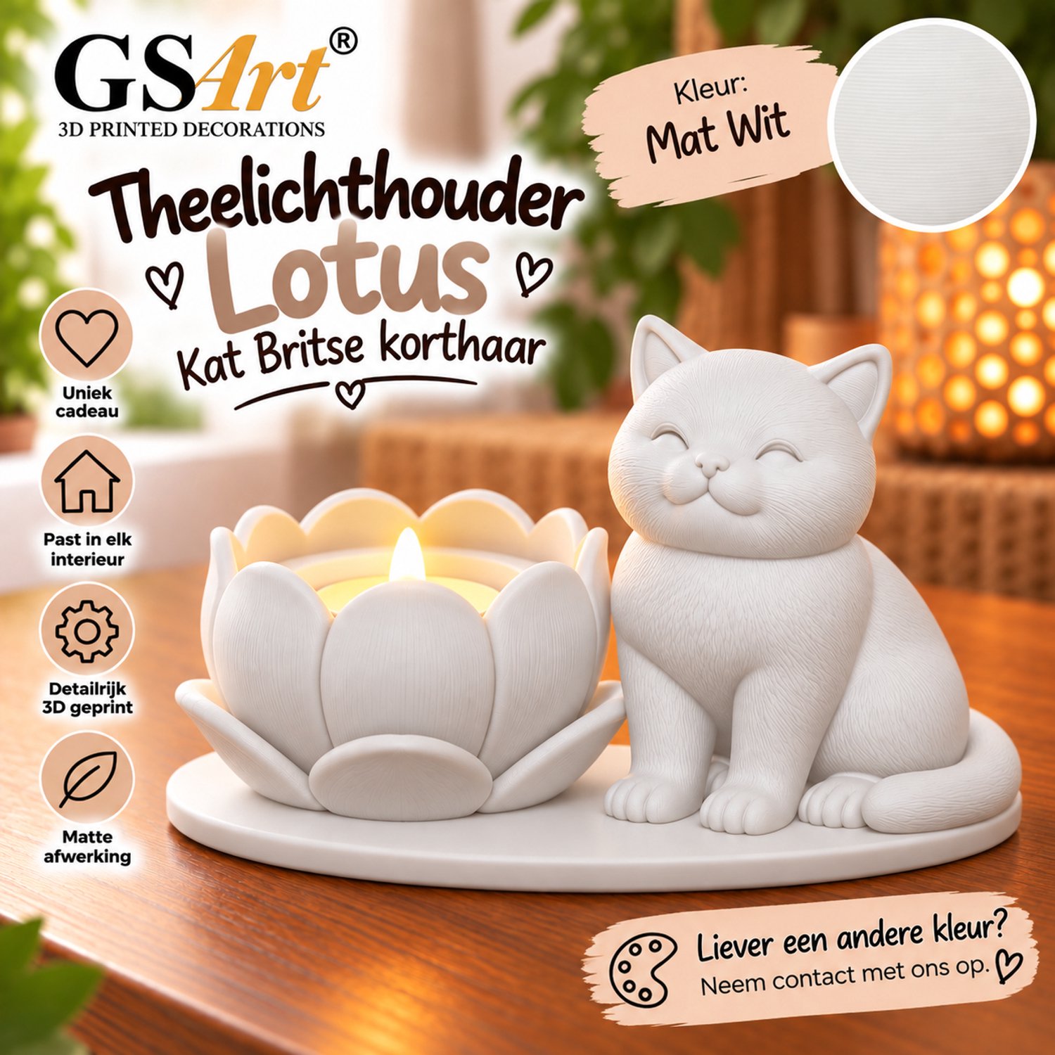 GSArt Theelichthouder Lotus Britse Korthaar Kat – LED – Mat Wit