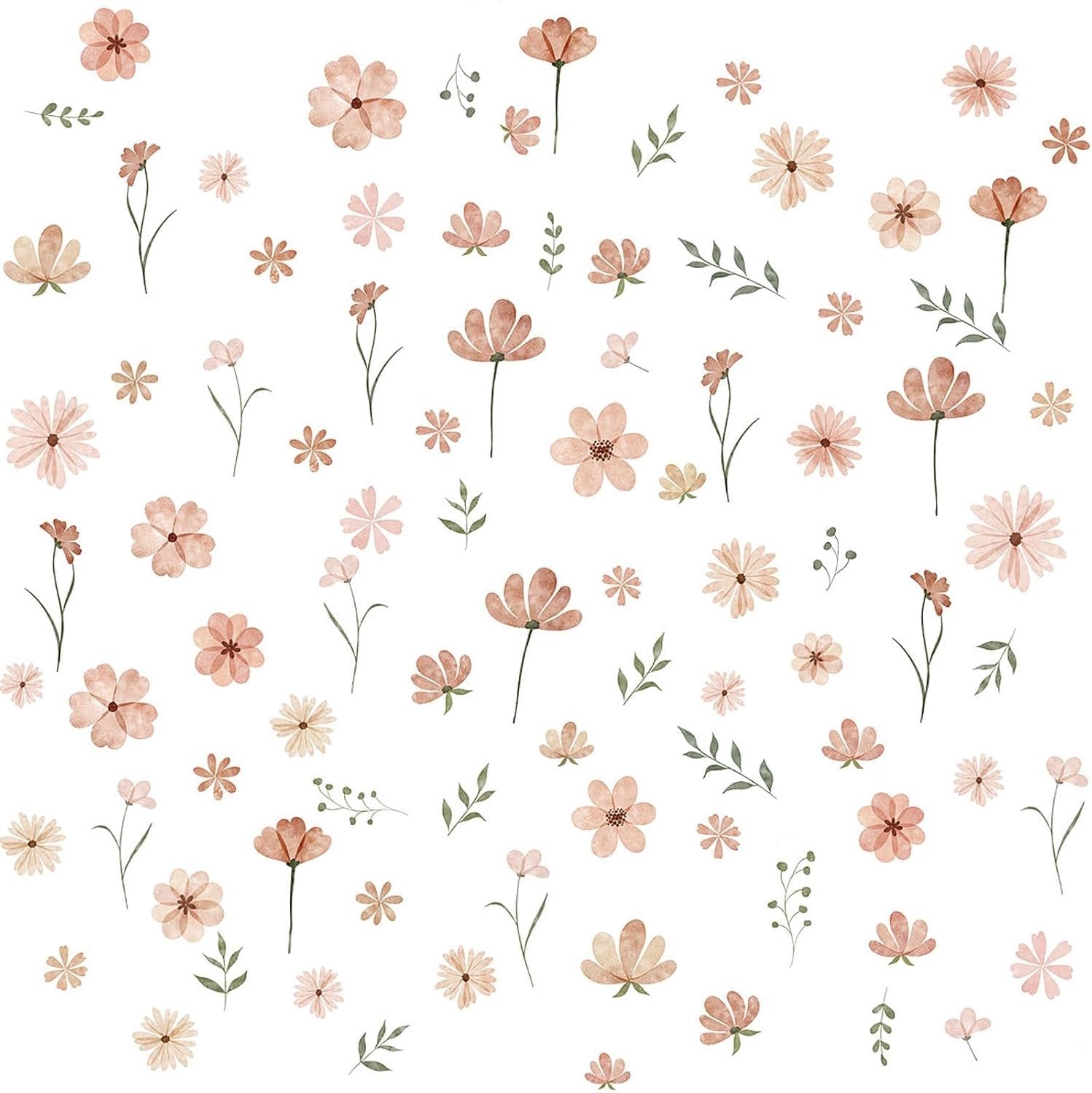 Famanu – 9 Boho Bloemen Wandstickers, 117 Stuks, Beige en Groen, Verwijderbaar en Plakbaar