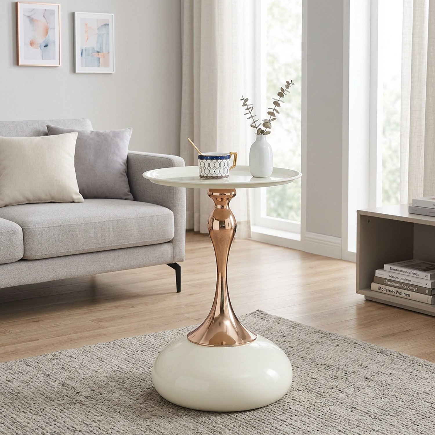 CHICFURN Bijzettafel - 1 persoon - Rond - Metalen basis - Wit en goud