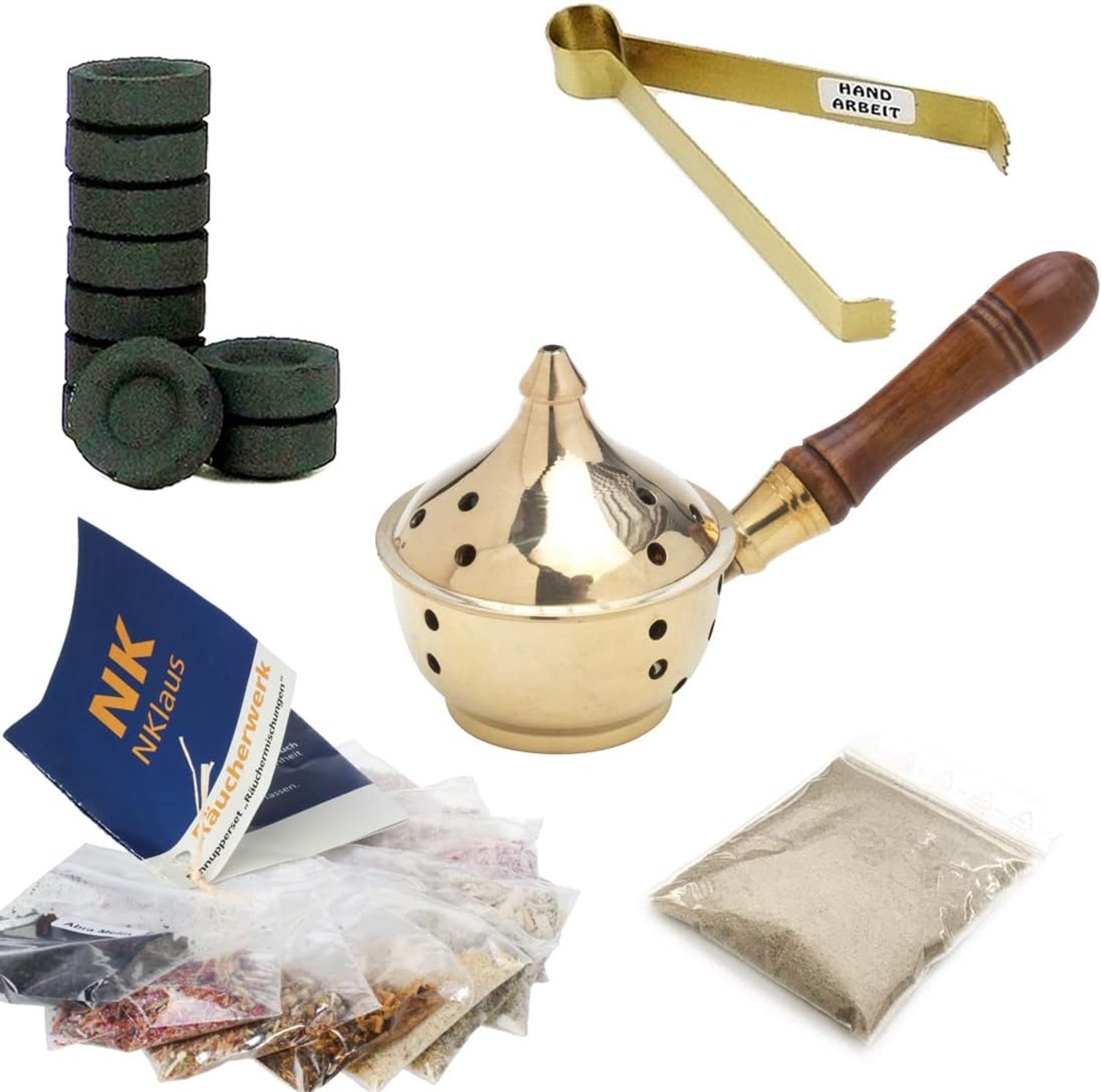 Set wierook met tang, zand en 10 soorten wierook