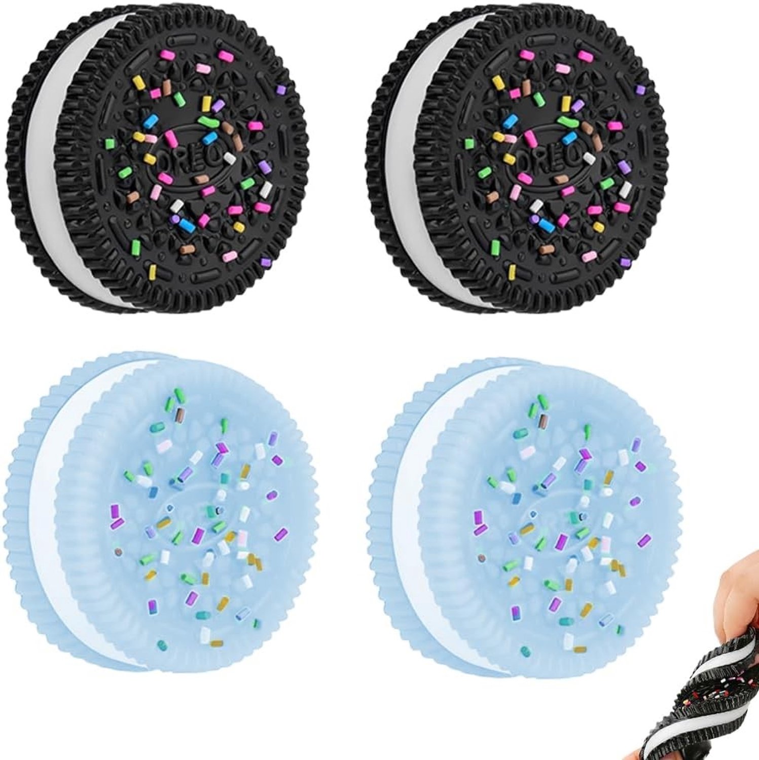 Set van 4 Stressverlichting Squeeze Speelgoed, Zachte en Squishy Cookie Stressbal in Blauw en Zwart, Ideaal voor Ontspanning en Vermindering van Angst, 3.8 cm Lengte