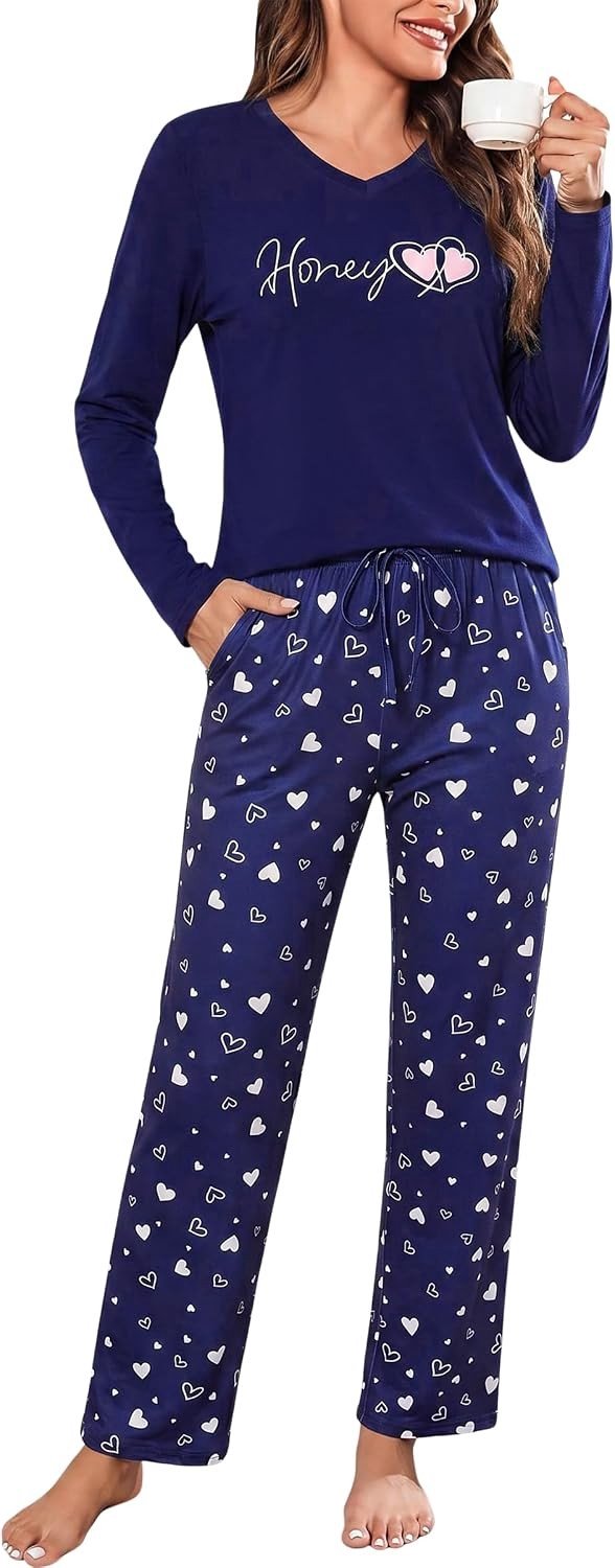 Pyjama voor Dames - Blauw - XL - Katoenmix met Hartmotief - Voor Winter