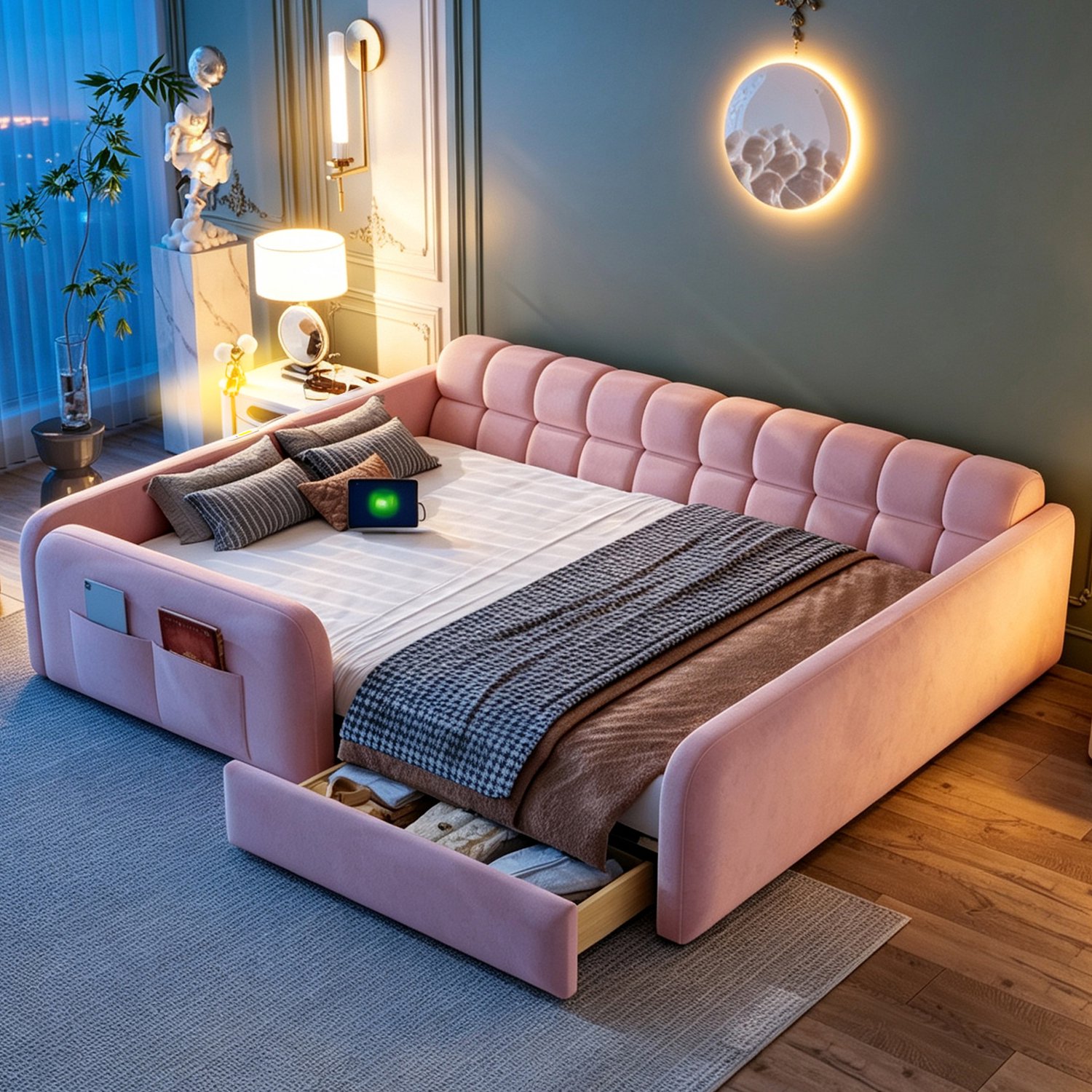 OOIILLEE Gevuld kinderbed met lade en nachtlampje 140x200, fluwelen platformbedframe met oplaadpoort, hoge veiligheidshekken en hoofdeinde als bank voor jongens- en meisjeskamers, roze