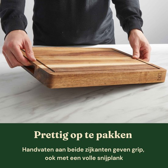 Bikolo® Houten Snijplank Acaciahout Extra Dik - Hakblok - Grote Borrelplank - Serveerplank - Tapasplank - Met Handvaten, Sapgeul & Serveerkanaal — cadeau in Kookcadeaus - foto 6