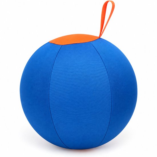 Blauwe stoffen bal met oranje accenten en een handige draaglus.