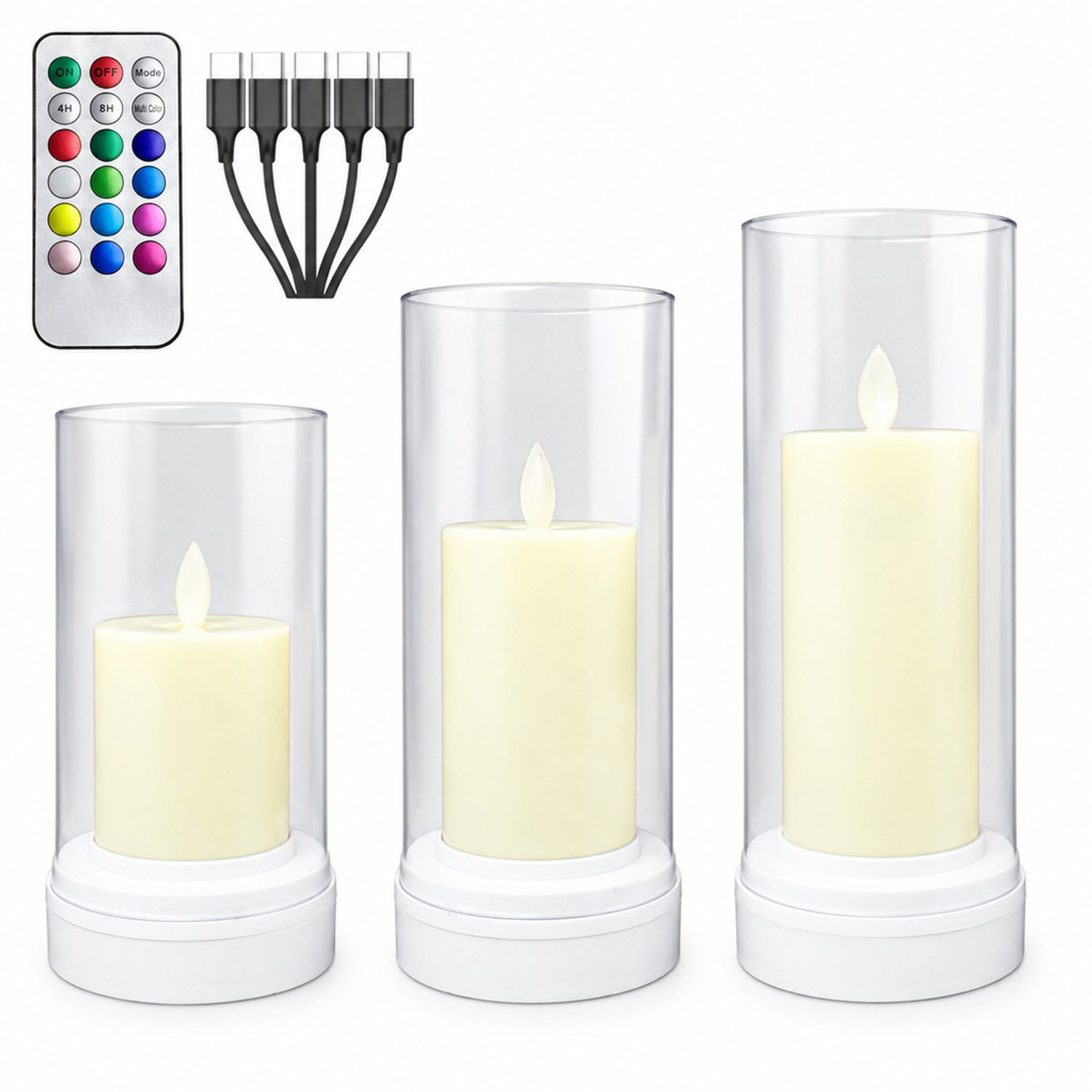 led kaarsen - set van 3 met bewegende vlam en meerkleurig kleurverloop, oplaadbaar, met afstandsbediening en transparante kappen