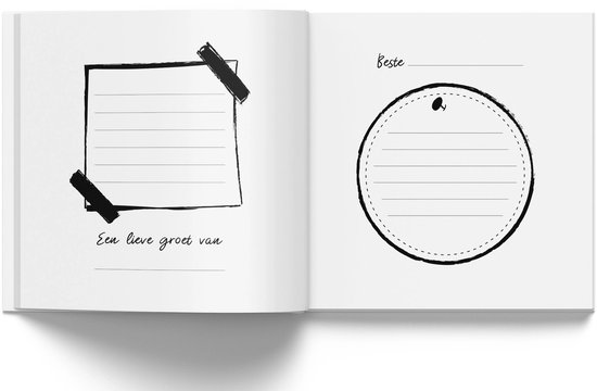 Open pagina's met een vierkant memovakje en een rond vakje, voorzien van lijnen en de tekst "Een lieve groet van" en "Beste".
