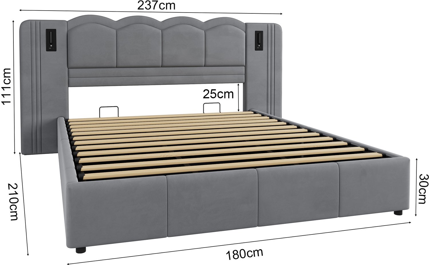 MODENUIT Gestoffeerd bed 180x200 cm – Ledverlichting – Hydraulische opbergruimte – Zonder matras – Donkergrijs