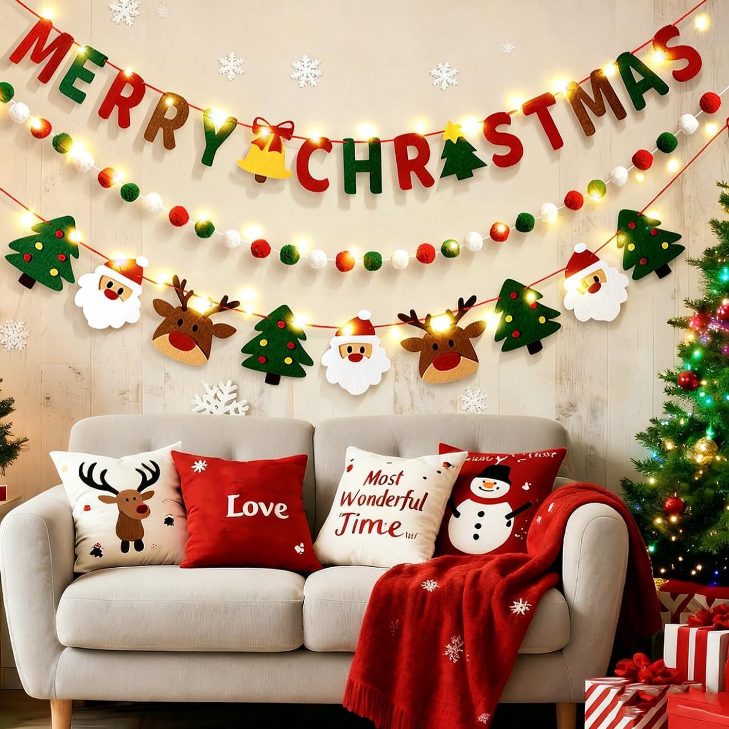 3 Stuks Kerstguirlande en Vrolijk Kerstfeest Banner - Met LED-slinger - Kerstboom - Kerstman en Balornamenten - Vilt Vlaggenlijn - Geschikt voor Muur - Deur en Raam Decoratie