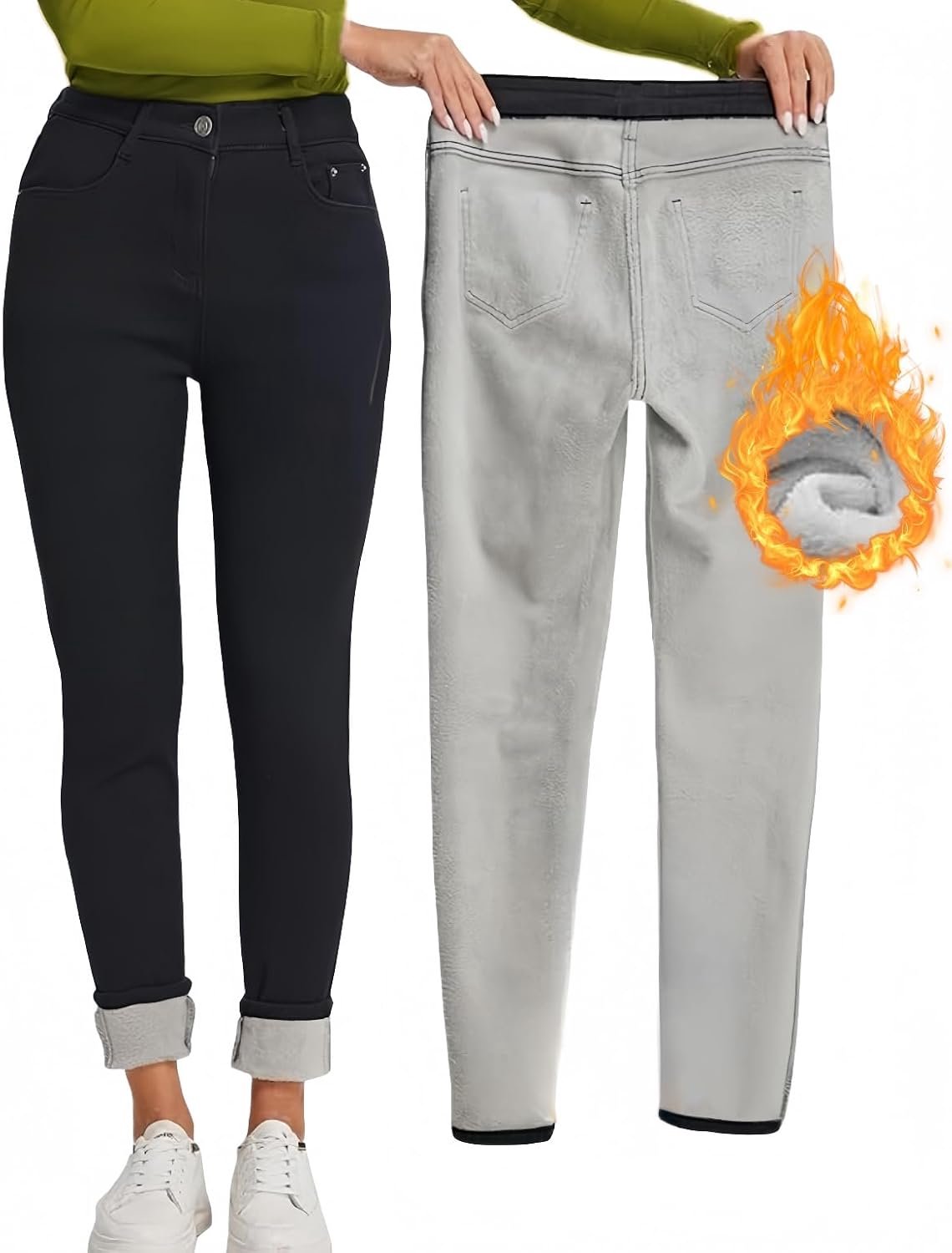 Fleece gevoerde jeans, hoge taille